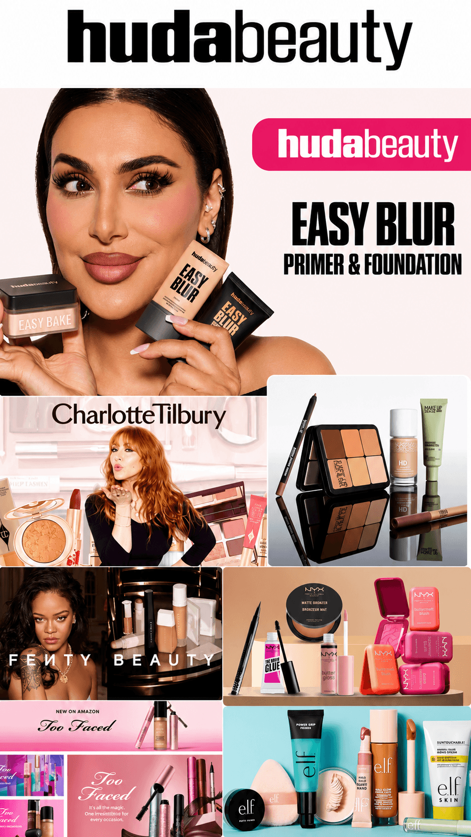 Campagnes des marques distribuées par Almasse Beauty : Huda Beauty, Charlotte Tilbury, Make Up For Ever, Fenty Beauty, NYX, Too Faced et e.l.f.